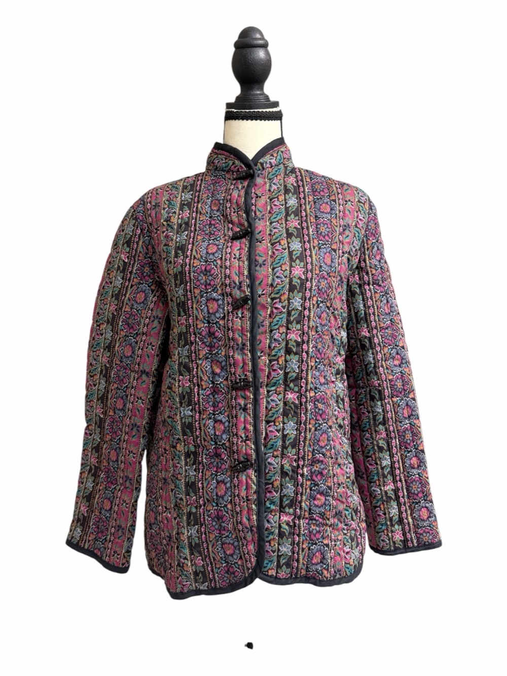 Vintage Floral Quilted Jacket Mandarin Collar Frog Closure Boho Statement Coat